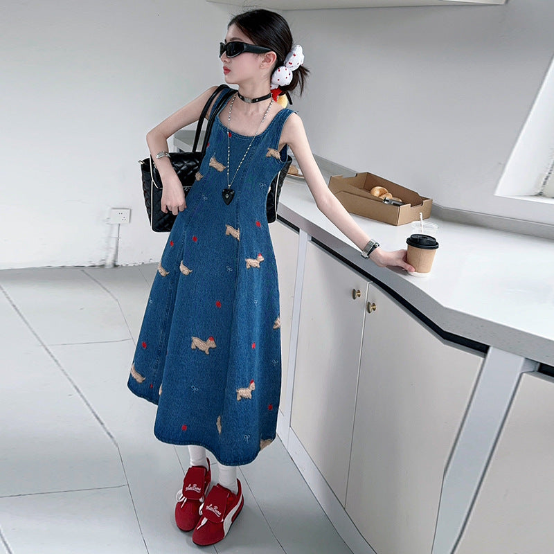 Embroidered Denim A-Line Midi Dress