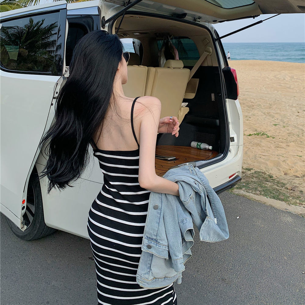 Black and White striped bodycon maxi