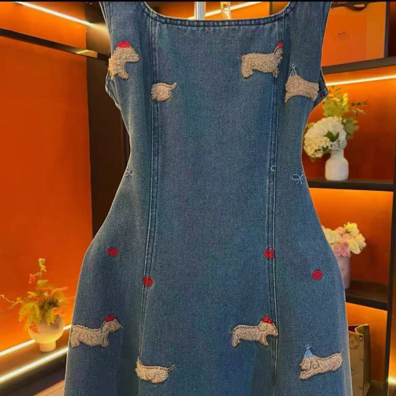 Embroidered Denim A-Line Midi Dress