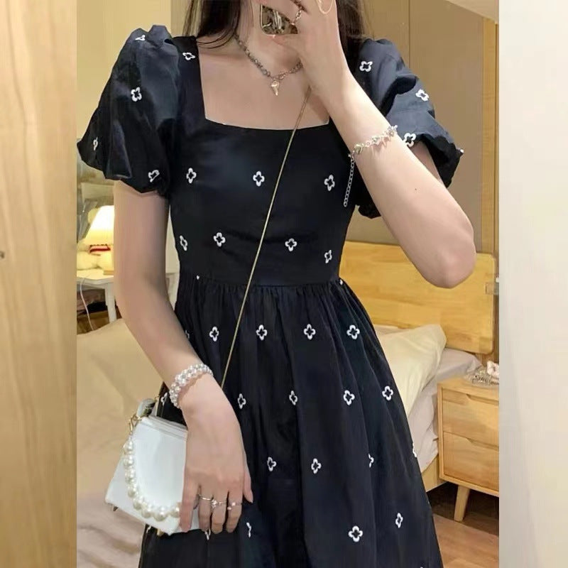 Black Floral Embroidered Puff Sleeve Dress detail view