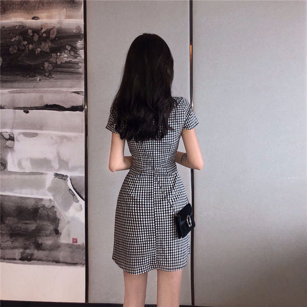 Checkered V-neck  mini dress