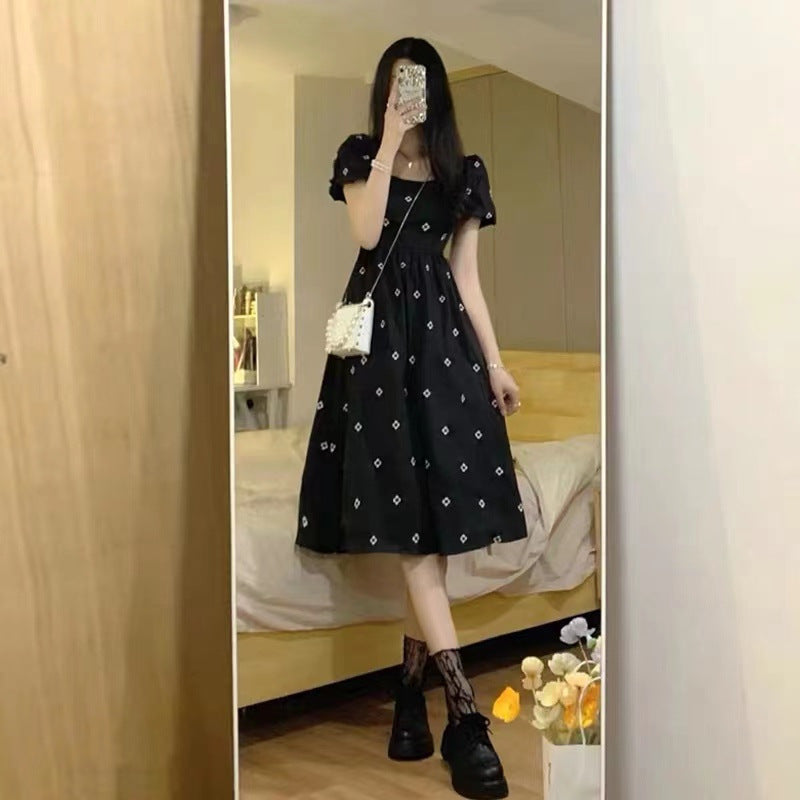 Black Floral Embroidered Puff Sleeve Dress detail view