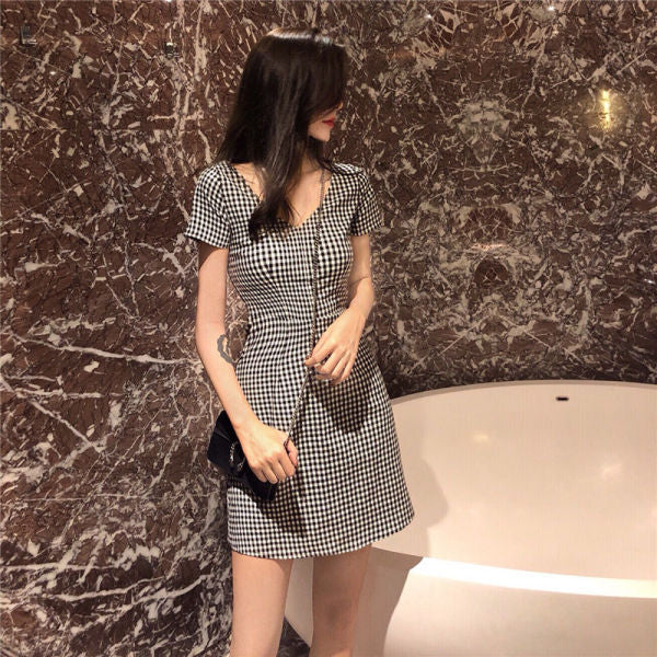 Checkered V-neck  mini dress