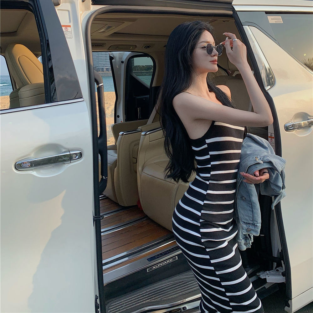 Black and White striped bodycon maxi