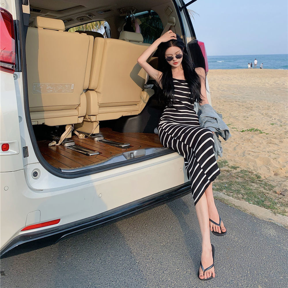 Black and White striped bodycon maxi