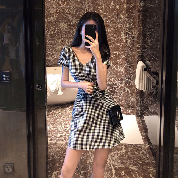 Checkered V-neck  mini dress