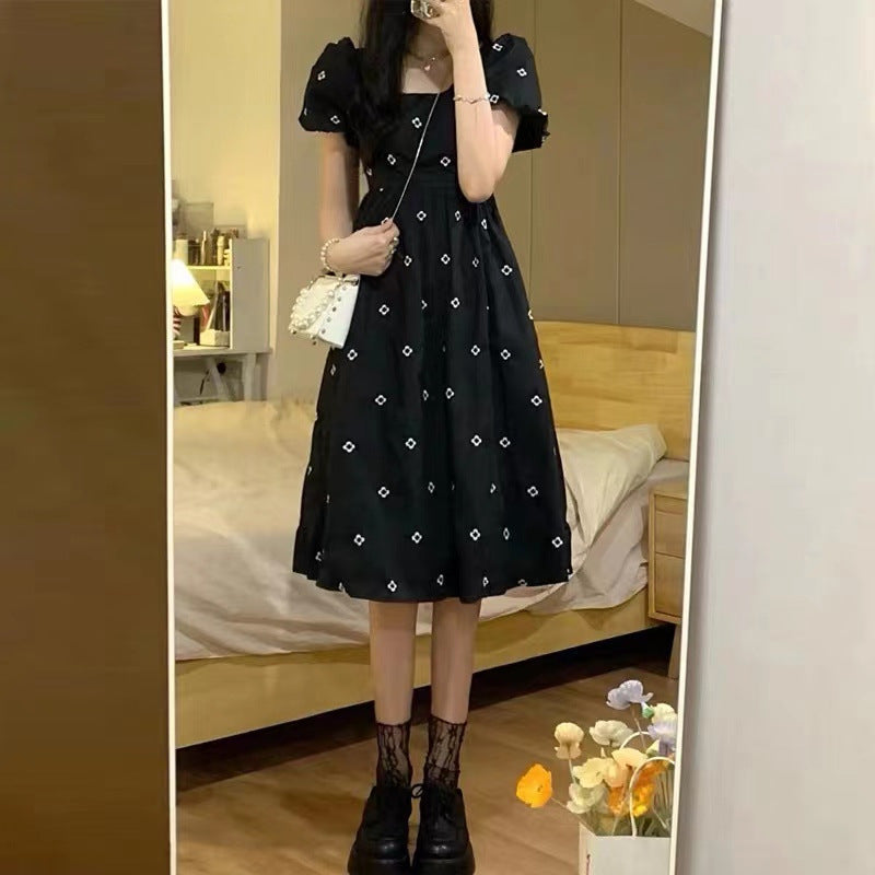 Black Floral Embroidered Puff Sleeve Dress detail view