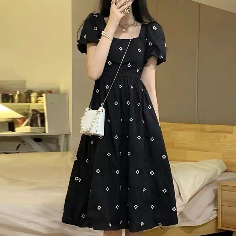 Black Floral Embroidered Puff Sleeve Dress front view