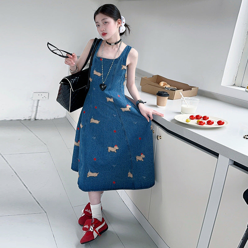 Embroidered Denim A-Line Midi Dress