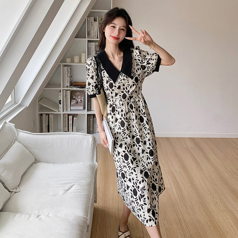 Black and White Floral Print Midi Dress front view