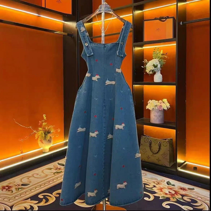Embroidered Denim A-Line Midi Dress