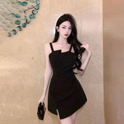 Modern Black Overlap Mini Dress