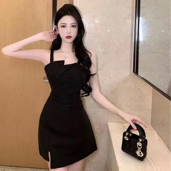 Modern Black Overlap Mini Dress