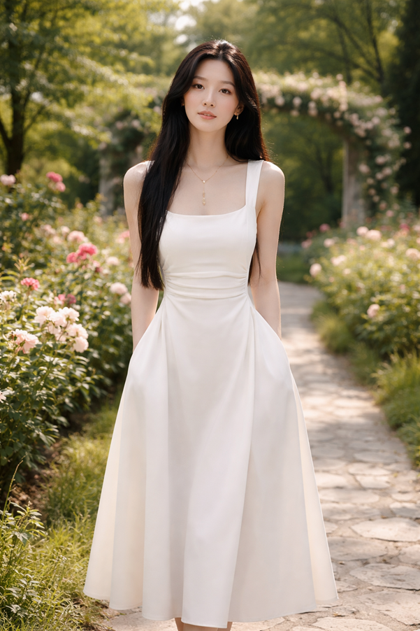 Square Neck Flared Midi Dress