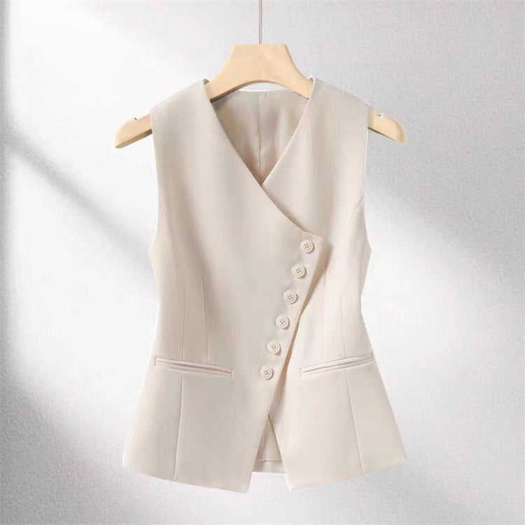 Asymmetric Button Vest Top in Beige