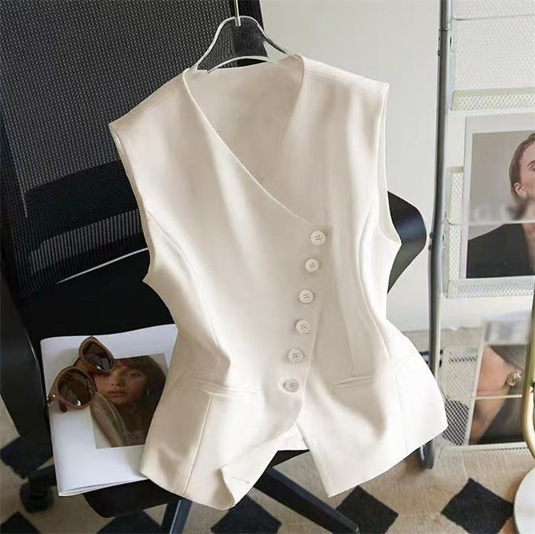 Asymmetric Button Vest Top in Beige styled display