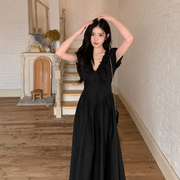 Black Ruffle Puff Sleeve Maxi Dress front view