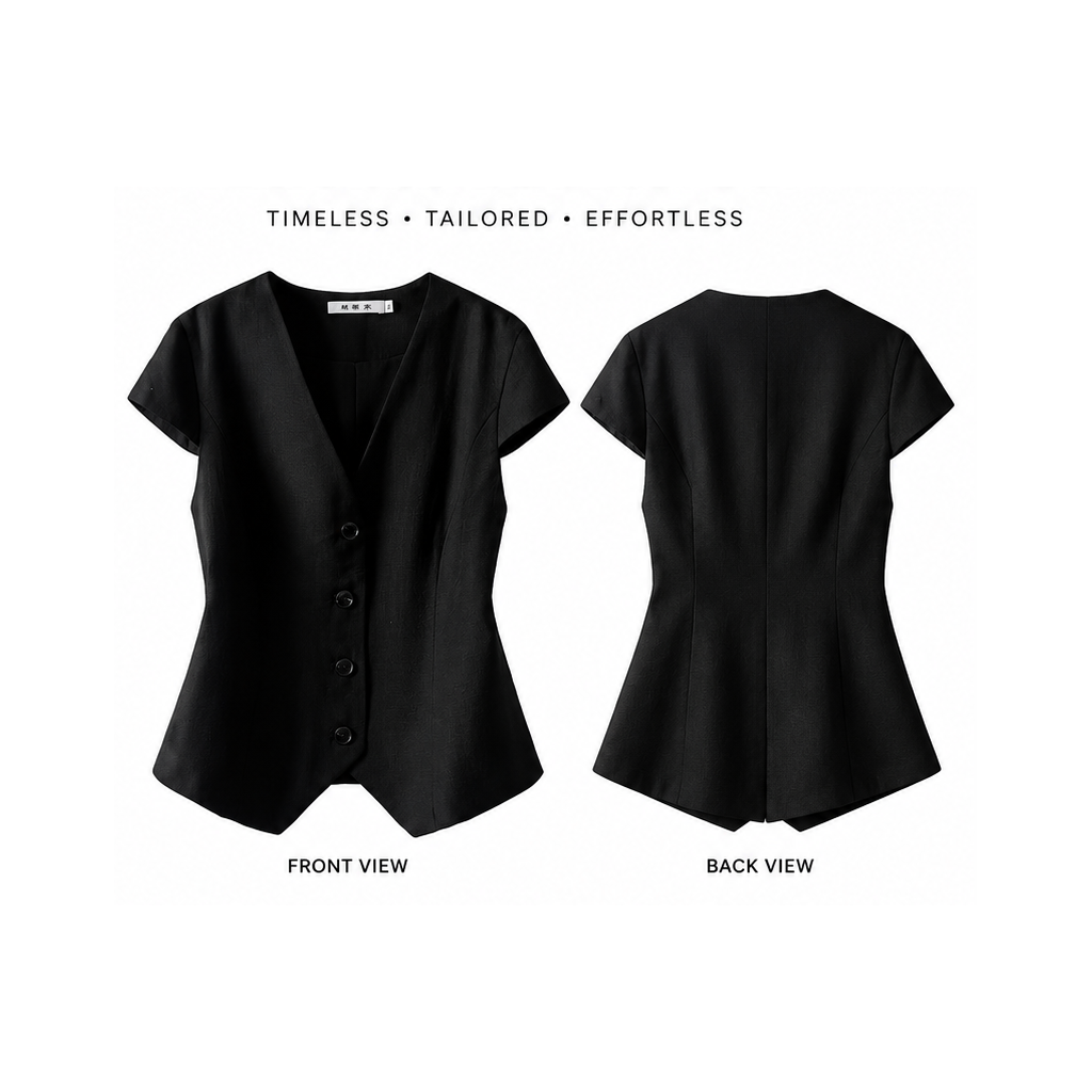 Classic Black V-Neck Top front and back views