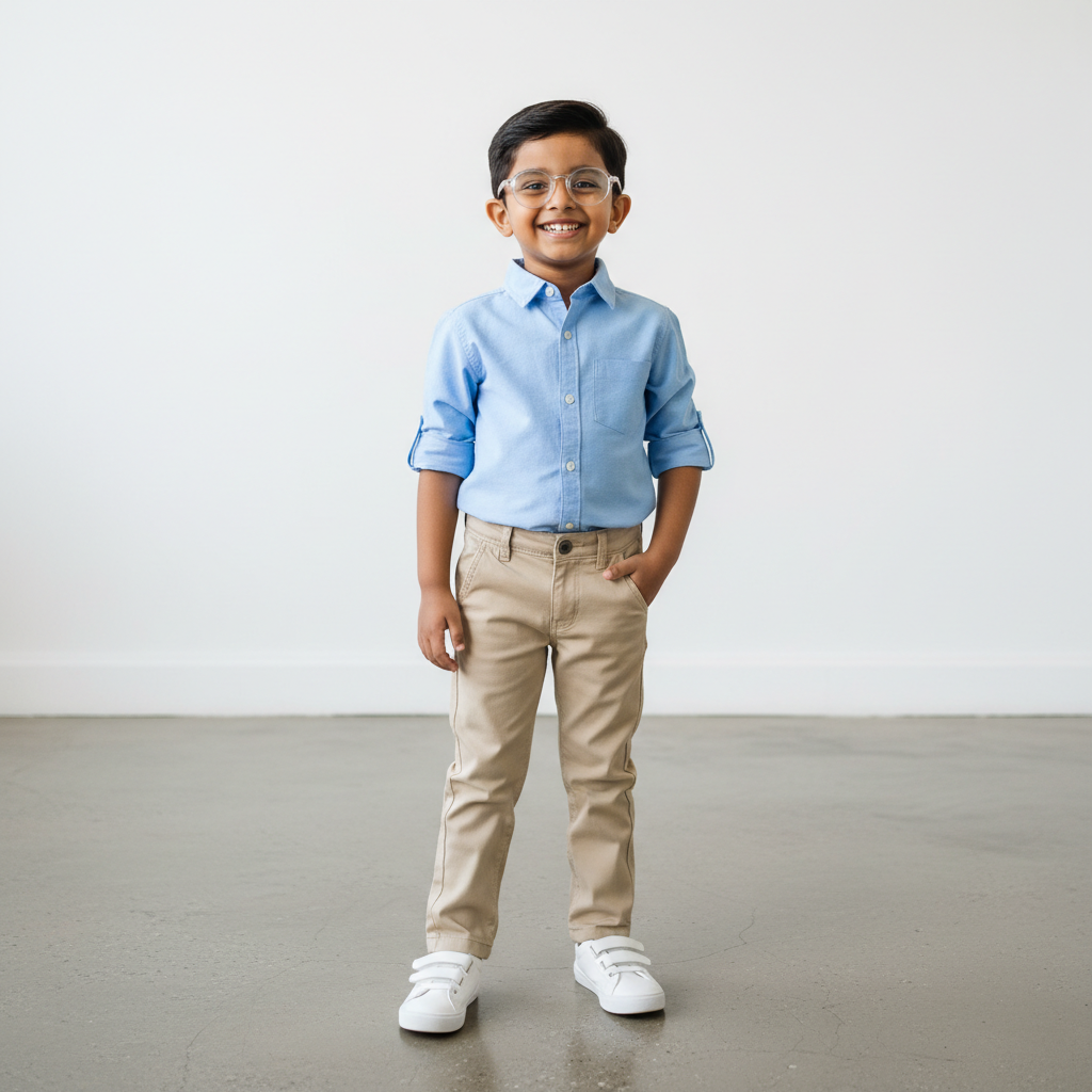 create 1080*1080 image one indian small boy wear shirt and pant with glass stylely