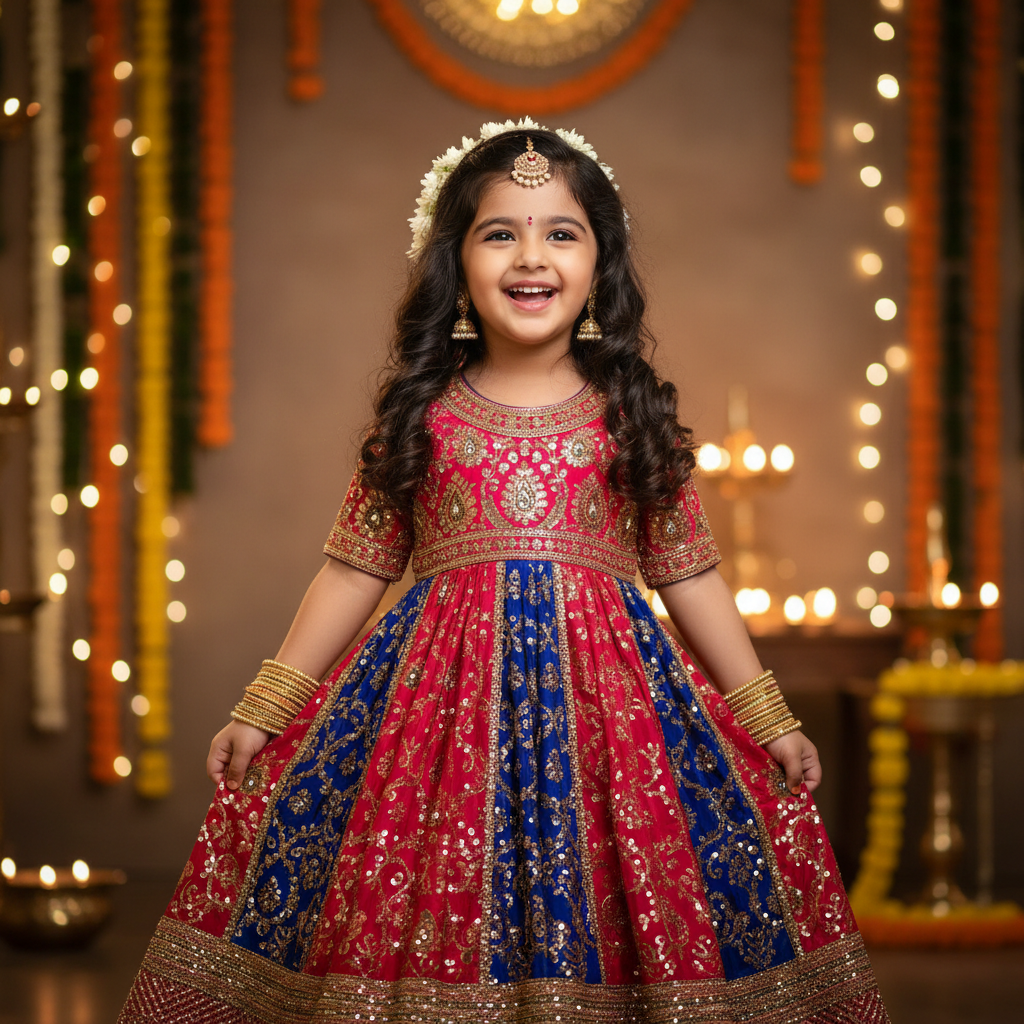 create 1080*1080 size one indian small gear wear beautiful dress for indian celebration
