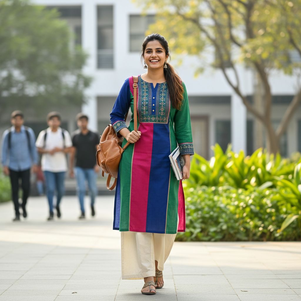 Create a 1080*1080 size one indian young adult women wear a kurti like college dress
