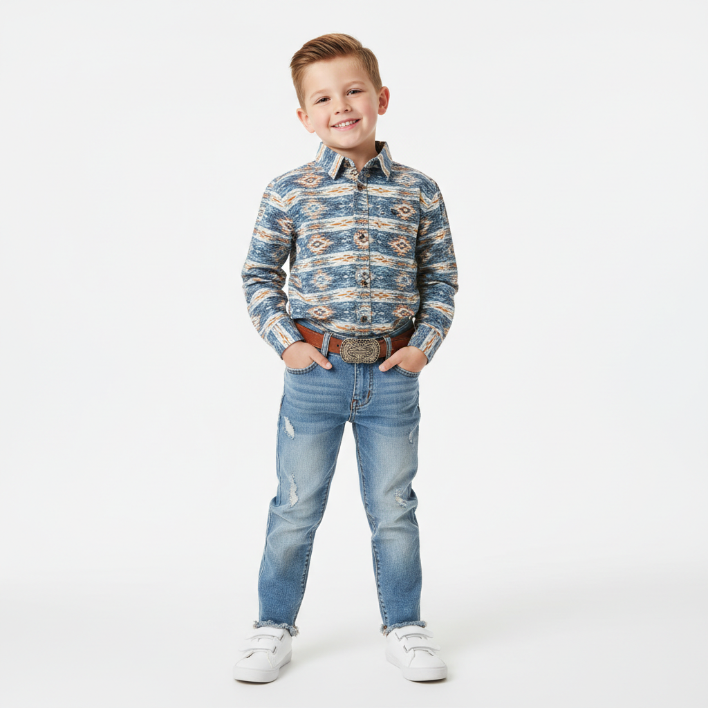 create a 1080*1080 size small boy wear a modern shirt and jean in western style
