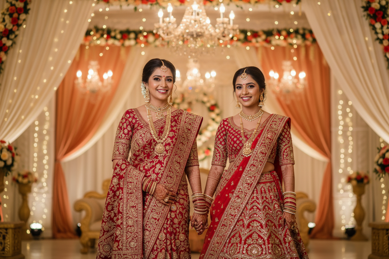 Create a image mom and daughter wear same kind of Indian type grand clothing