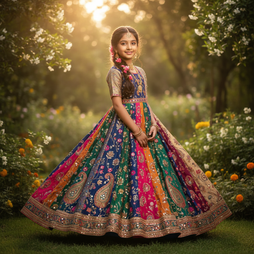 Generate 1080*1080 size beautiful one indian small girl wear a gown