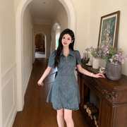 Grey Denim Puff Sleeve Mini Dress full front view