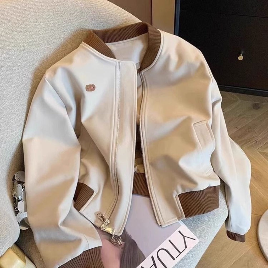 Ivory Mocha Bomber Jacket front view