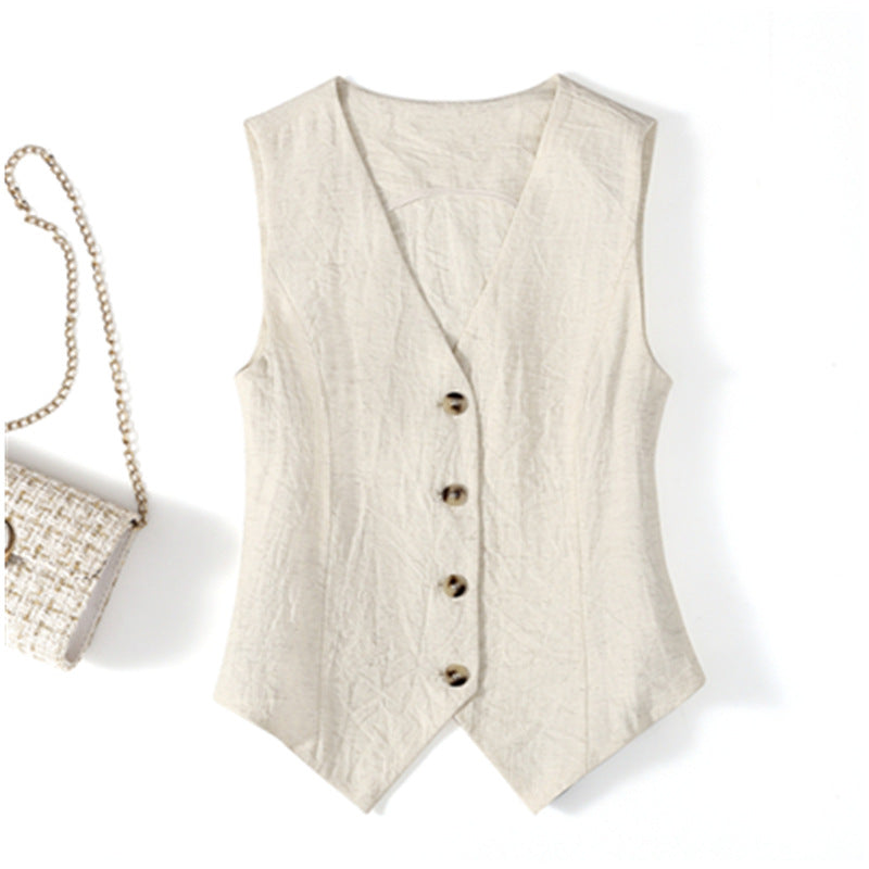 Linen Blend Sleeveless Vest Top in Beige