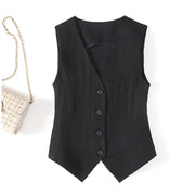 Linen Blend Sleeveless Vest Top in Black