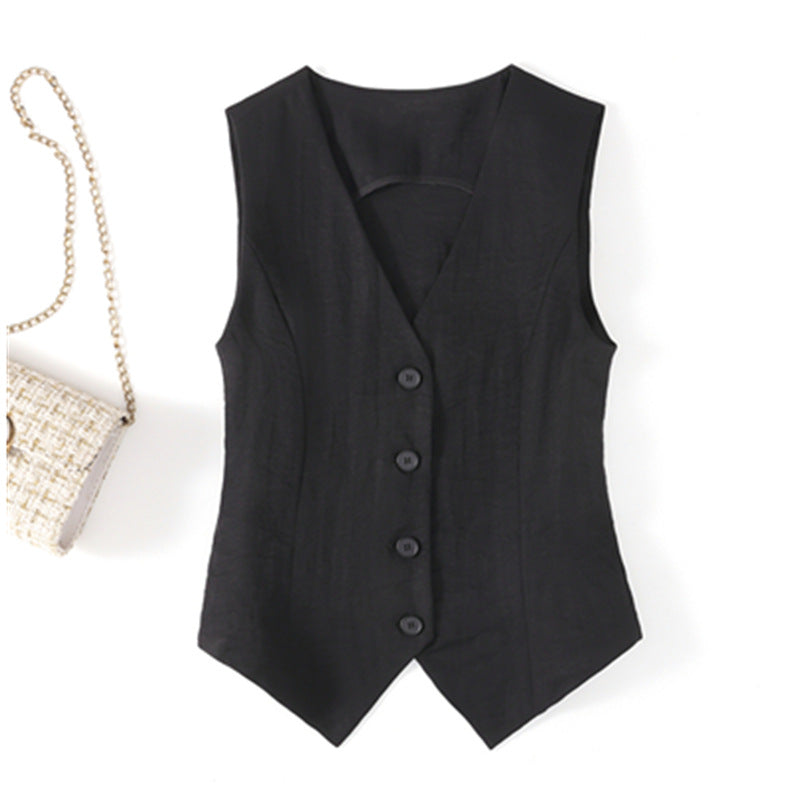 Linen Blend Sleeveless Vest Top in Black