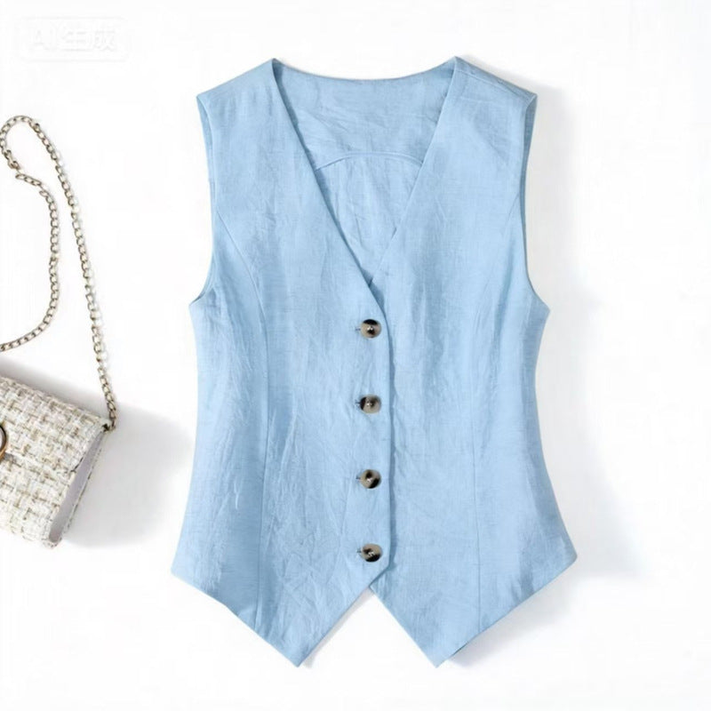 Linen Blend Sleeveless Vest Top in Blue