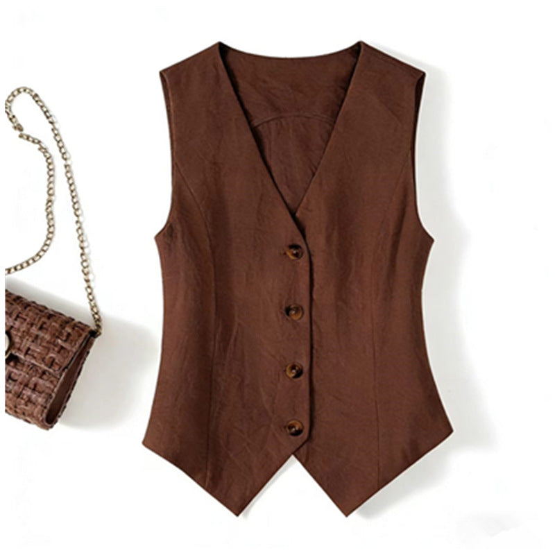Linen Blend Sleeveless Vest Top in Brown