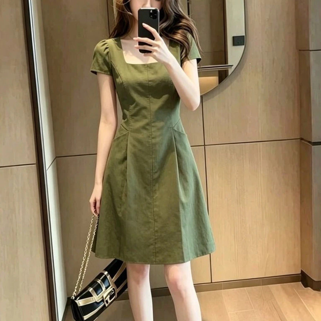 Olive Green Square Neck A-Line Dress front view