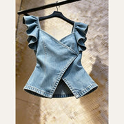 Denim Flutter Wrap Top front view