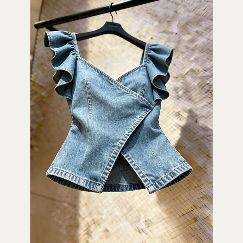 Denim Flutter Wrap Top front view