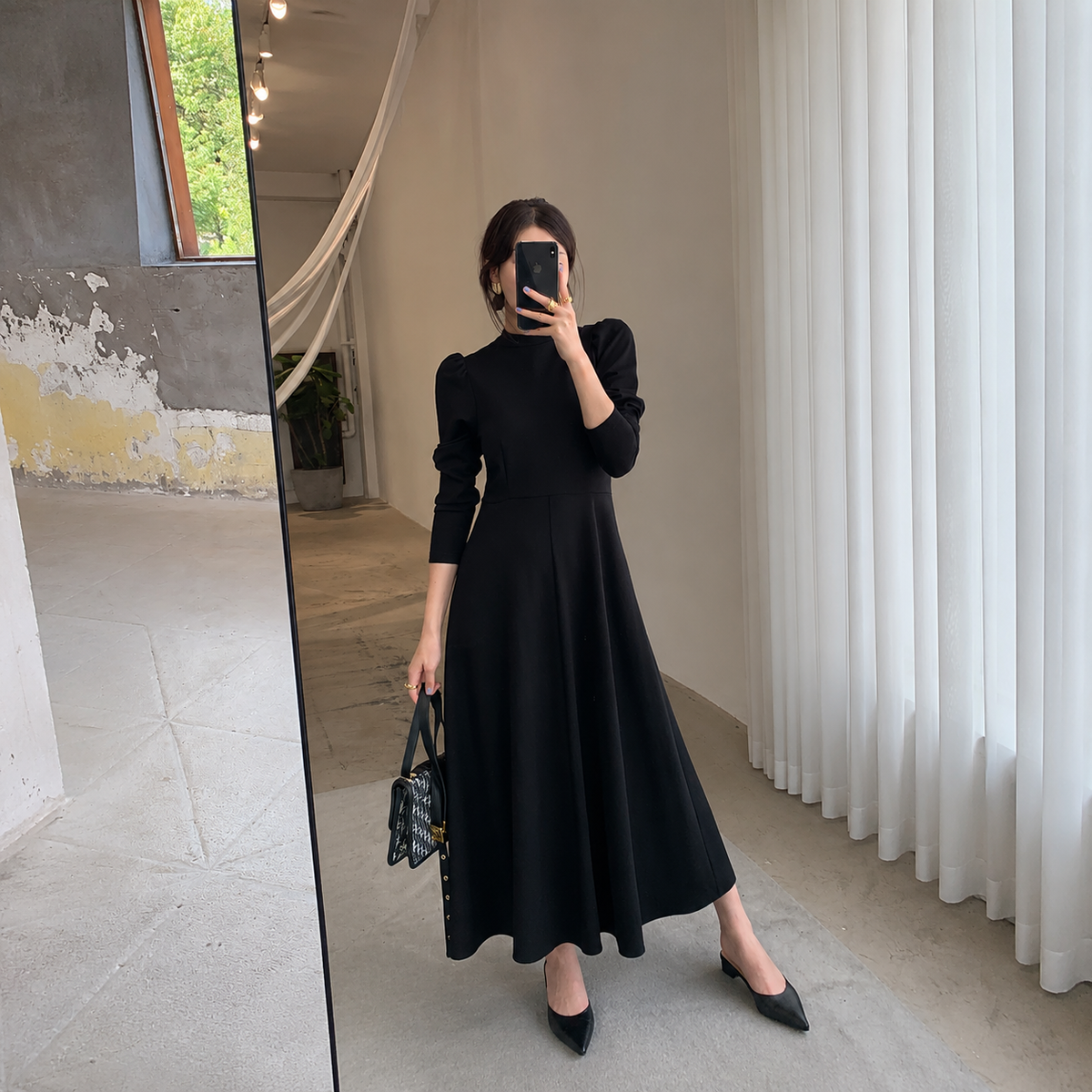 Noir Elegance Midi Dress front view
