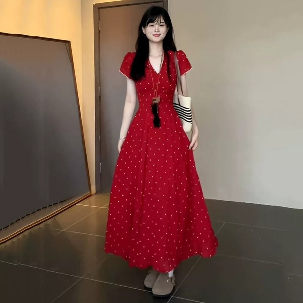 Red Polka Dot V-Neck Midi Dress full-length front view