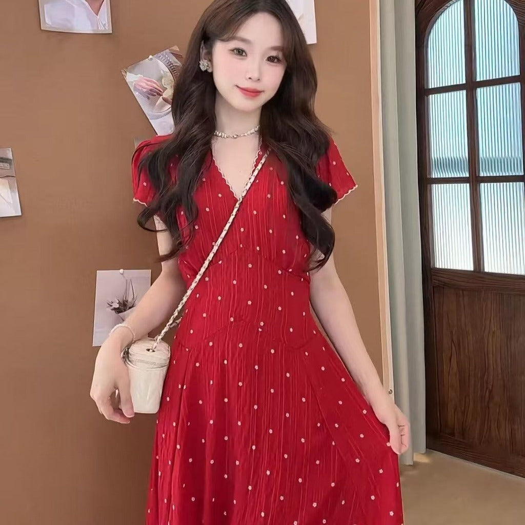 Red Polka Dot V-Neck Midi Dress view 3