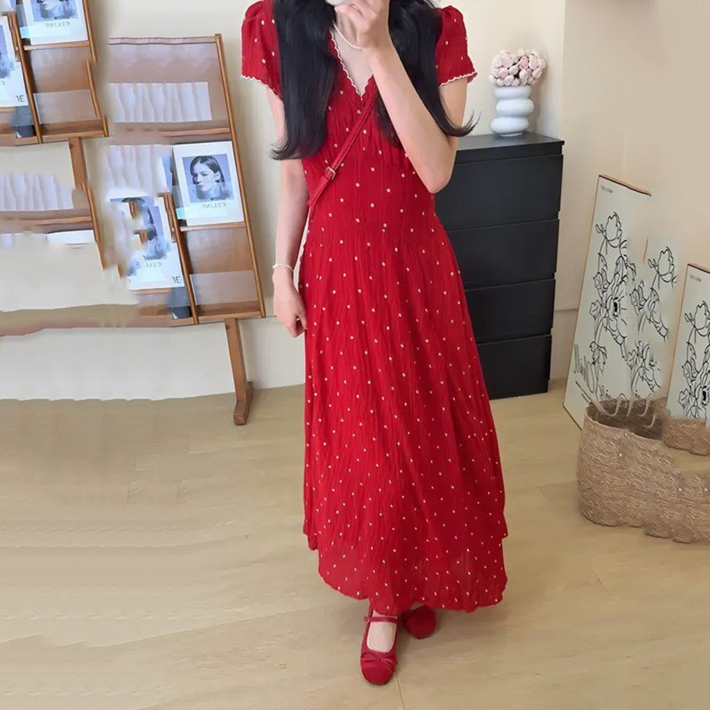 Red Polka Dot V-Neck Midi Dress view 4