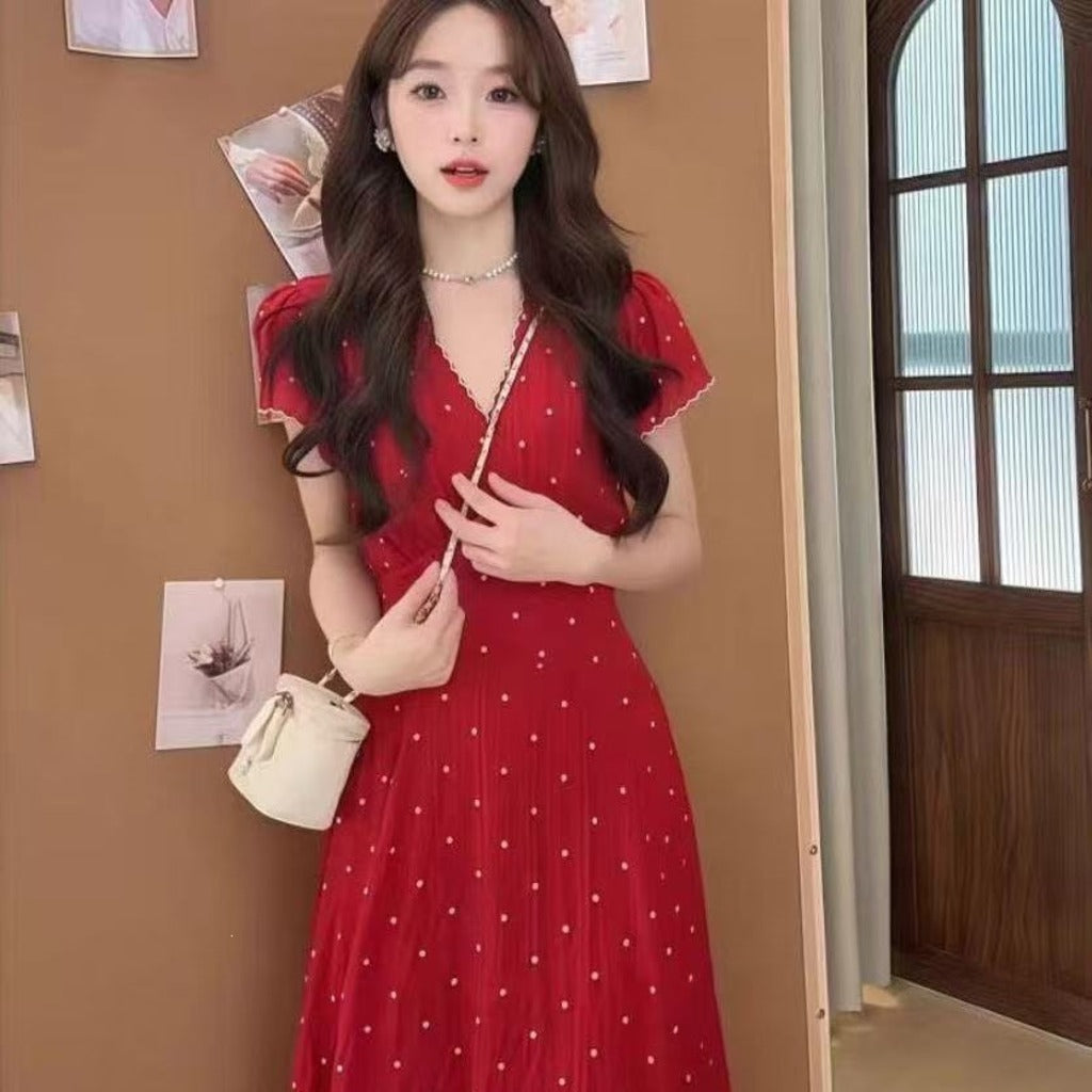 Red Polka Dot V-Neck Midi Dress view 5