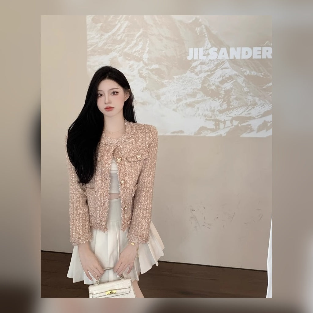 Rose Eclat Tweed Cropped Jacket standing view