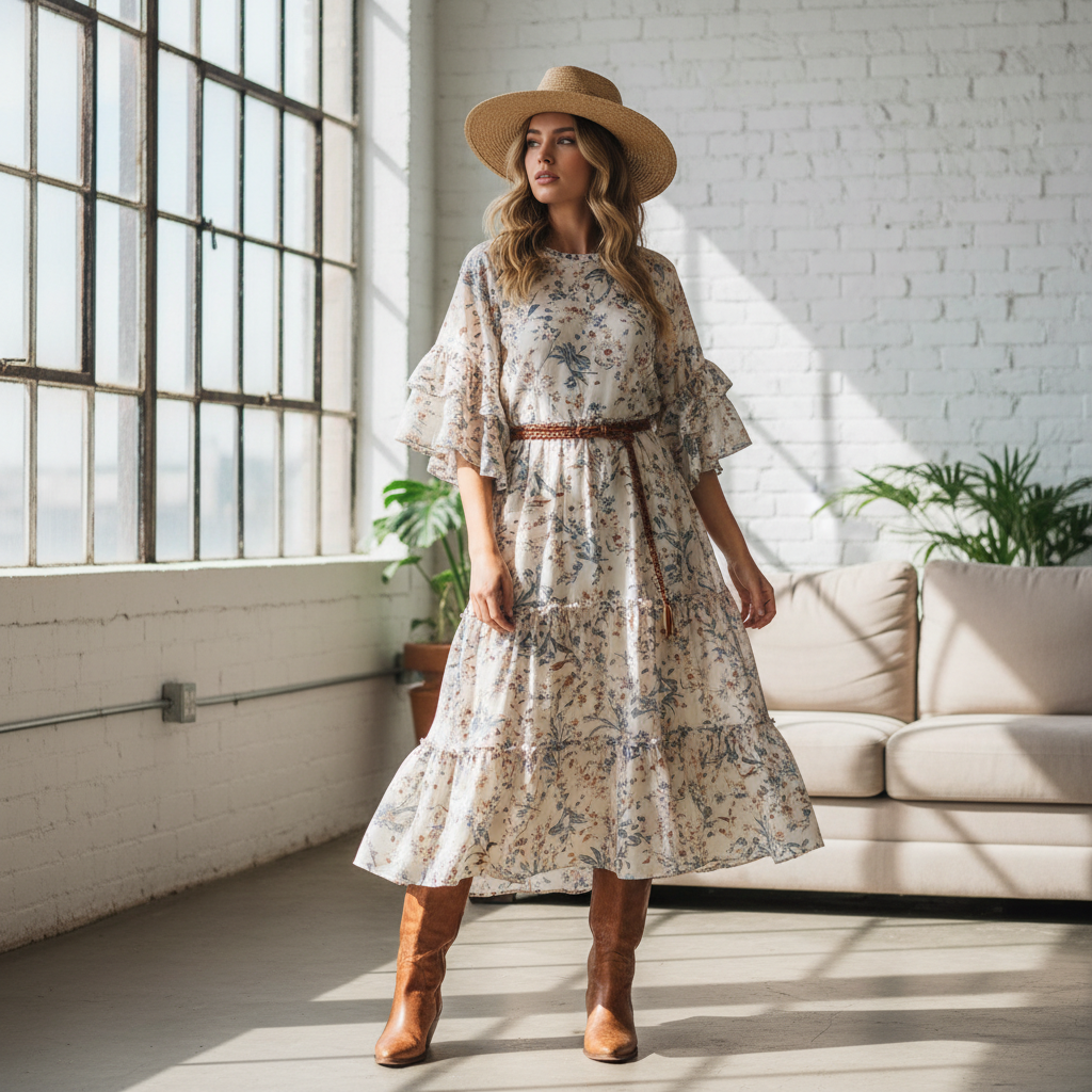 Single female model wearing a modern western casual dress, standing confidently in a bright lifestyle setting, soft natural daylight, clean and minimal background, premium fashion photography, realistic look, no text or logos. the size should be 1080*1080 Square image
