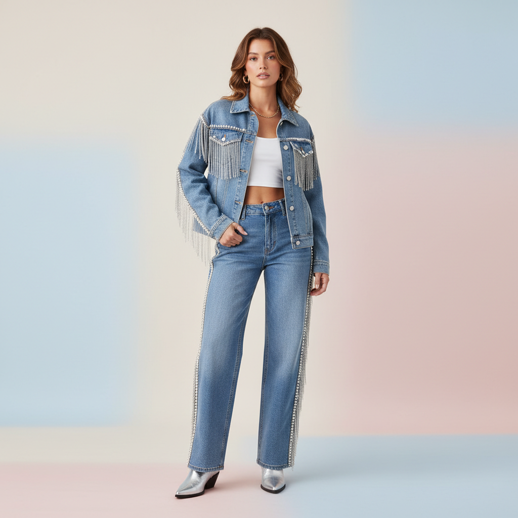 Single female model wearing a modern western co-ord set, clean studio background with light pastel tones, soft even lighting, minimal and premium fashion photography style, realistic look, no text or logos. size should be 1080*1080. give me the square image
