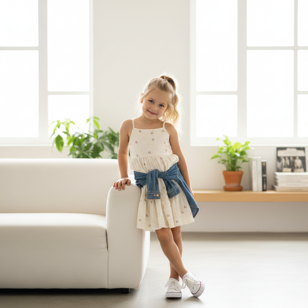Single little girl wearing a modern casual western dress, relaxed pose, bright lifestyle background with soft daylight, clean and minimal environment, premium children fashion photography, realistic style, no text or logos. image should be in 1080*1080 size squared
