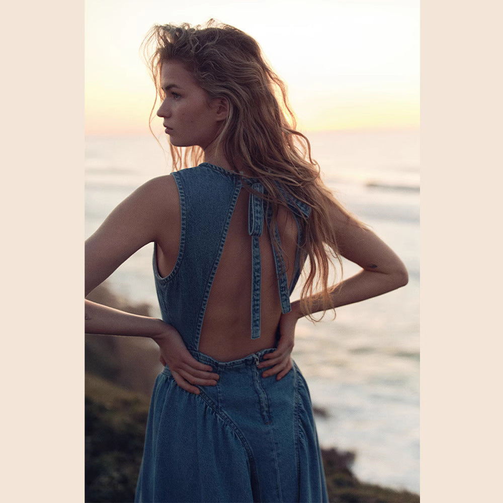 Skyline Blue Fit & Flare Midi Dress open-back detail