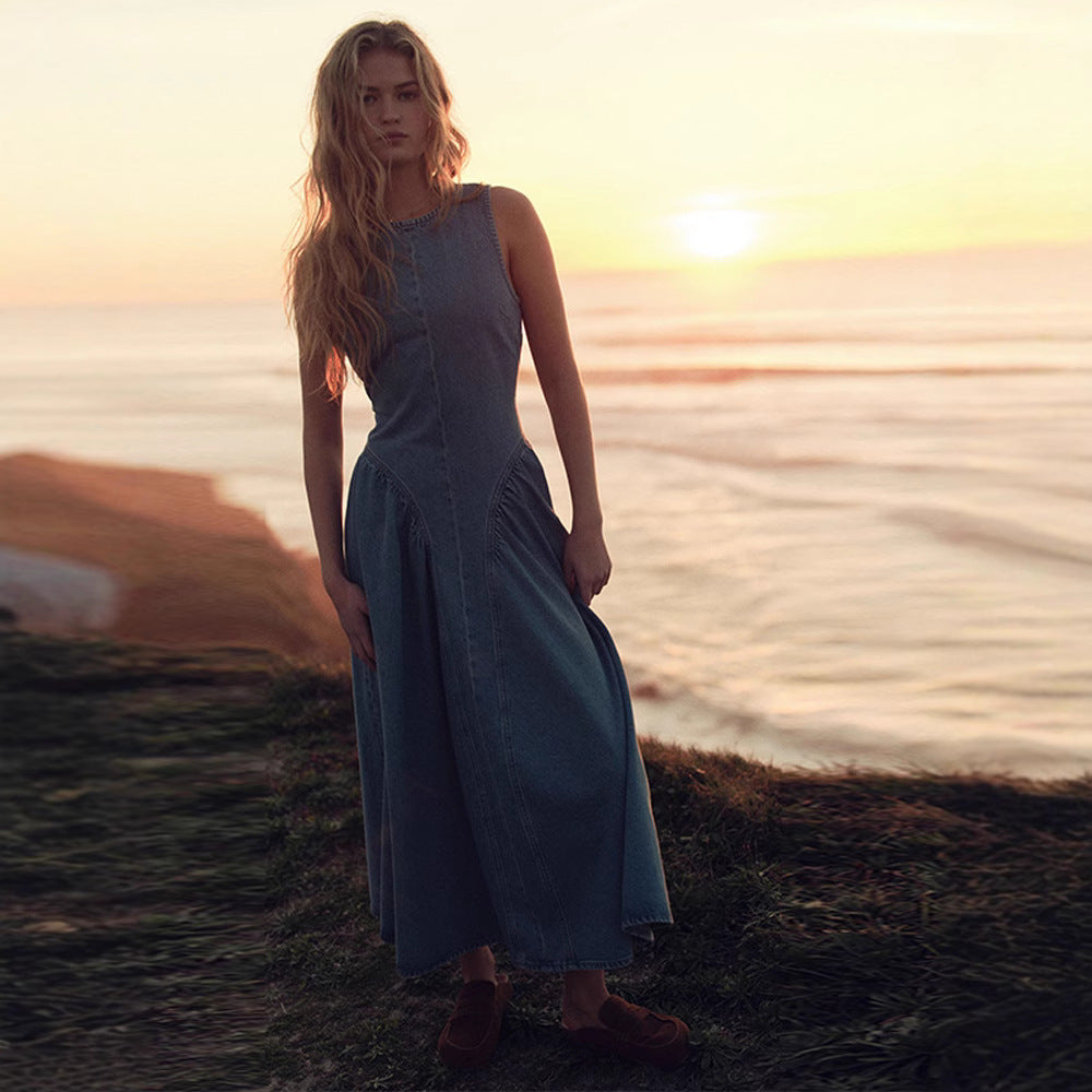 Skyline Blue Fit & Flare Midi Dress outdoor full view