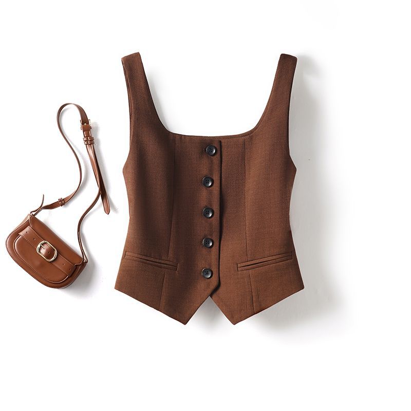 Sleeveless Square Neck Vest in Brown